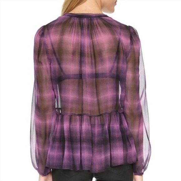 Rebecca Taylor Blue Silk Plaid Sheer V Neck Ruffle Blouse size 2 - Picture 5 of 5